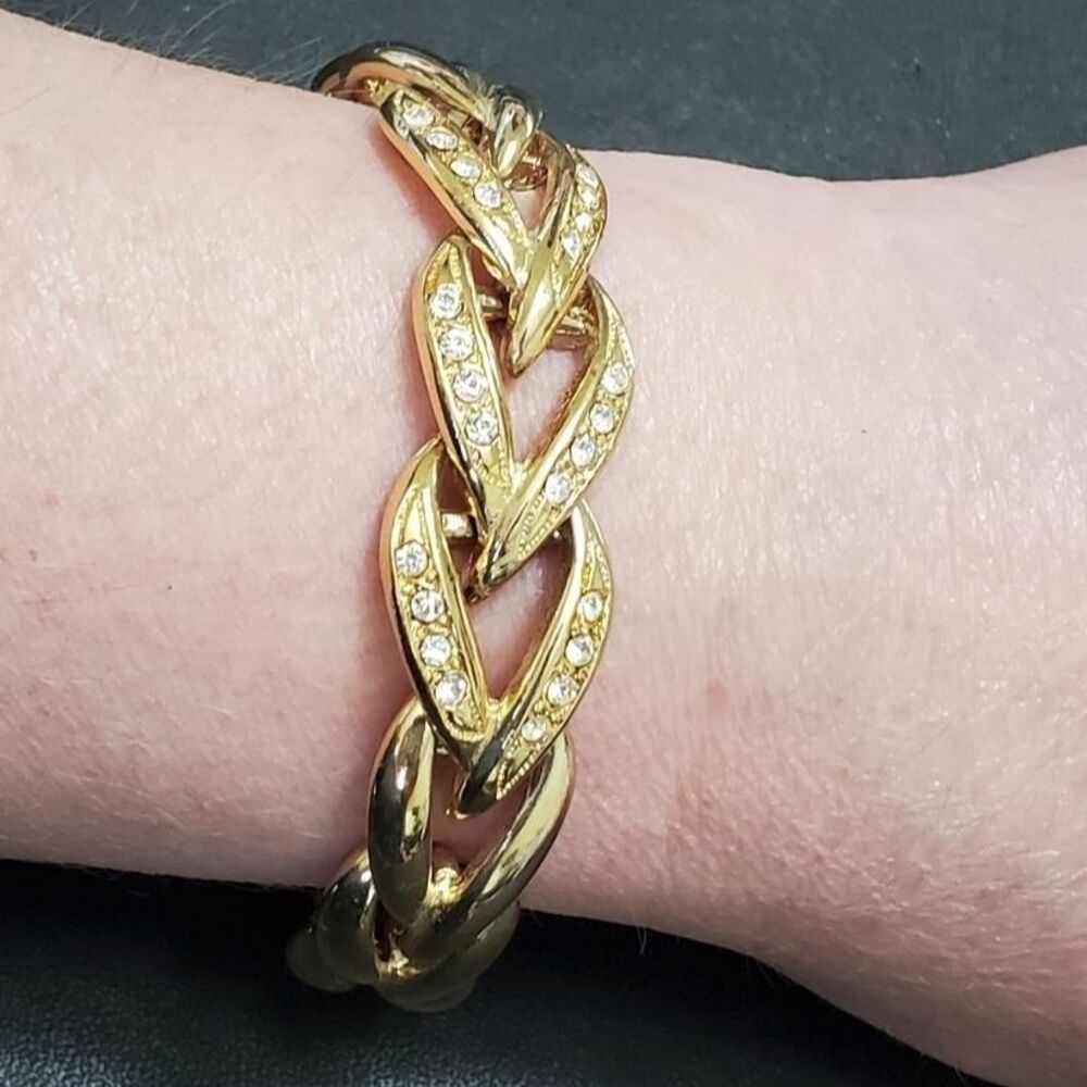 Vintage thick gold tone rhinestone bracelet 7.5"